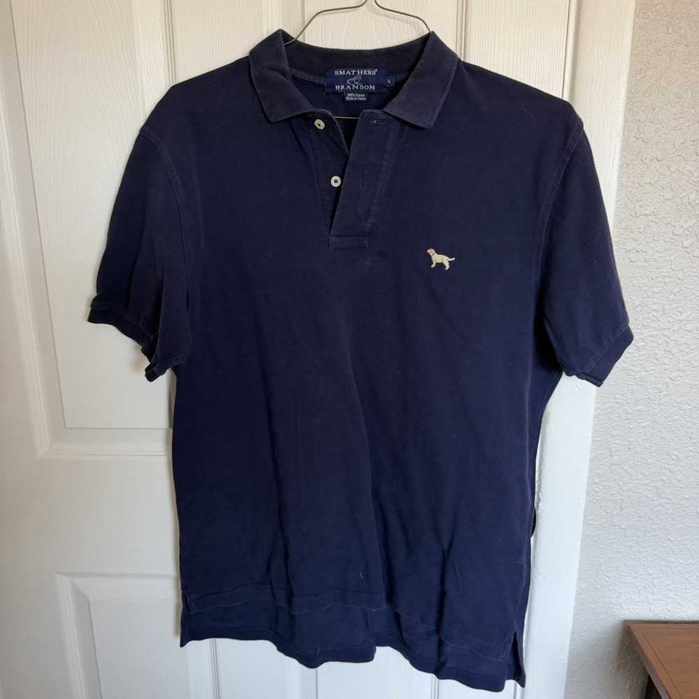 Smathers & Branson Polo Shirt Navy Solid Embroidered Dog Logo Men's L